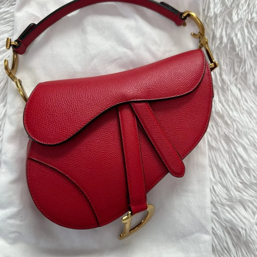 CHRISTIAN DIOR Grained Calfskin Mini Saddle Bag in Red - Picture 1 of 12